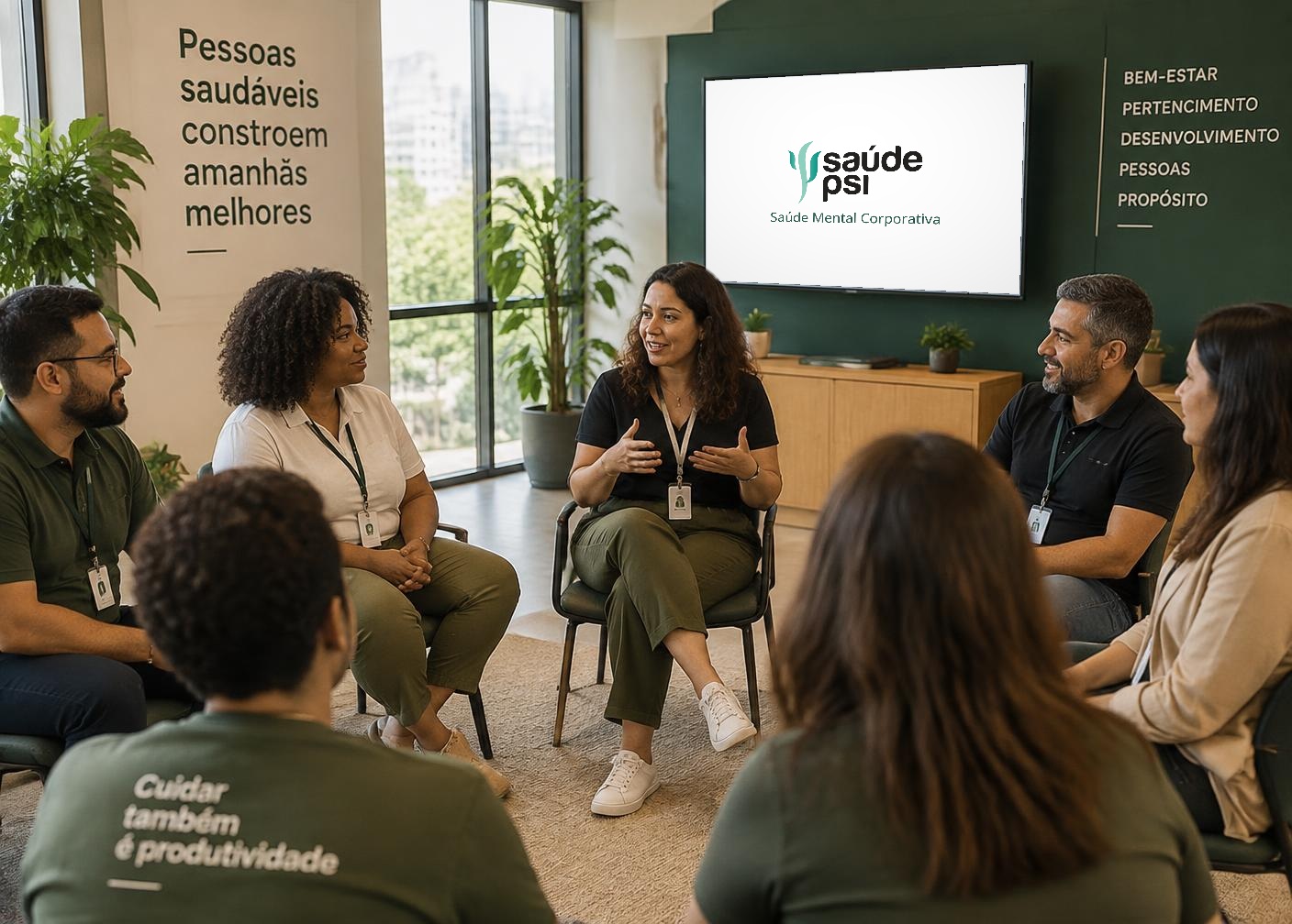 Profissional conduzindo uma roda de conversa sobre saúde mental no trabalho